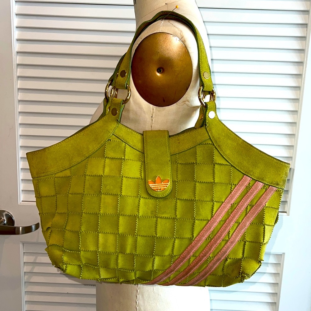 Adidas Originals. Trefoil Chartreuse Suede & Pink Bag. No wear, needs cleaning!